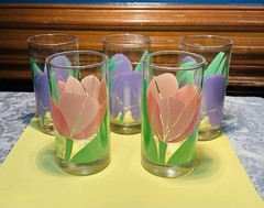 Vintage Tulip Indiana Glass Spring Drinking Glasses, Pink And Purple Set Of 5