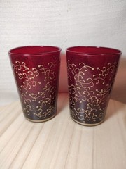 Ruby Glass Tumbler Set of 2 Gold Bottom Rim Red Glossy Finish Vinery Scrollwork