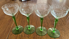 4 Tiffin Cordials Persian Pheasant Etched Glass With Nile Green Uranium Base