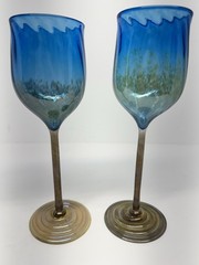 Set 2 Hand Blown Studio Art Wine Glasses Blue Iridescent w/ Twisted Cane Stems