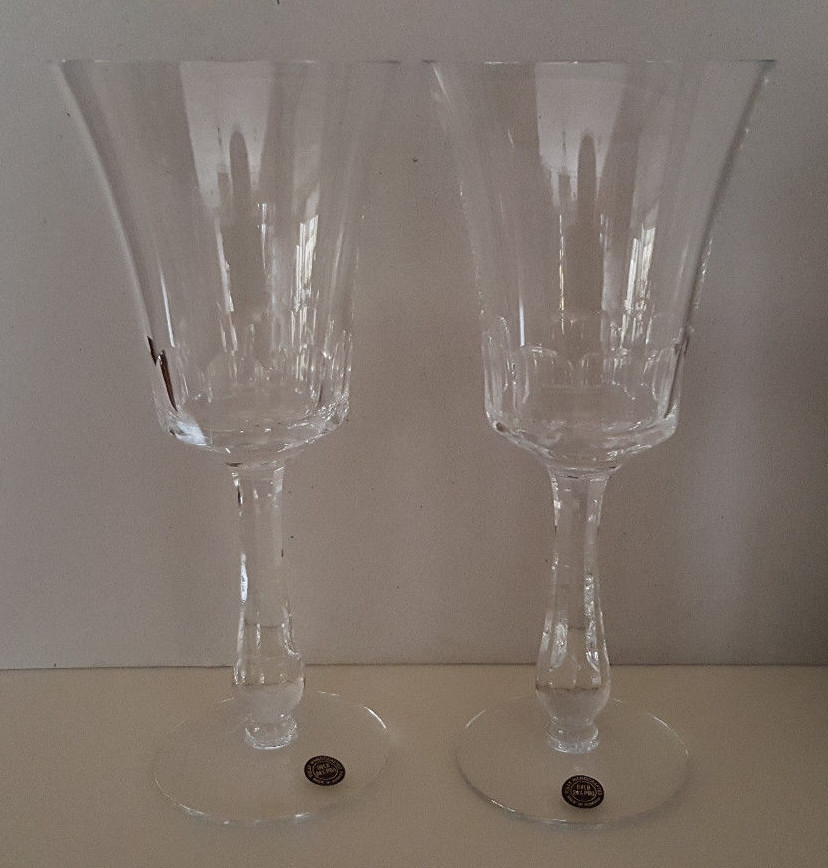 PAIR of Romania 8-1/2″ Panel Cut Thumbprint Glass Crystal Goblets – Handcrafted