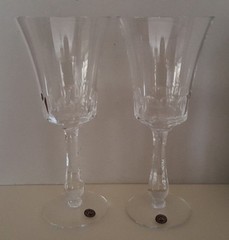 PAIR of Romania 8-1/2″ Panel Cut Thumbprint Glass Crystal Goblets – Handcrafted