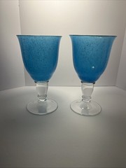 Lenox Calabria Goblets Blue Textured Glass Bubbles Blown Glass Set Of 2 Vintage