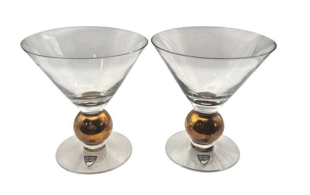 Orrefors Nobel Martini Glasses Set (2) Signed Gold Ball Stem