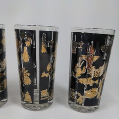 4 Vintage Glastonbury-Lotus Bon Apetite in Black & Gold Trim Drinking Glasses