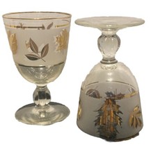 Vintage Libbey Frosted Gold Leaf Wine/Cordial Steamed Glasses Set Of 2