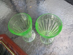 2 Vintage Uranium Pillar Optic Green Depression Glass Footed Tumblers Beautiful