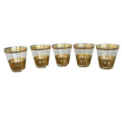 VTG 5-Piece Culver Antigua 22k Gold MCM Barware Old Fashioned Flare Crackle Oval