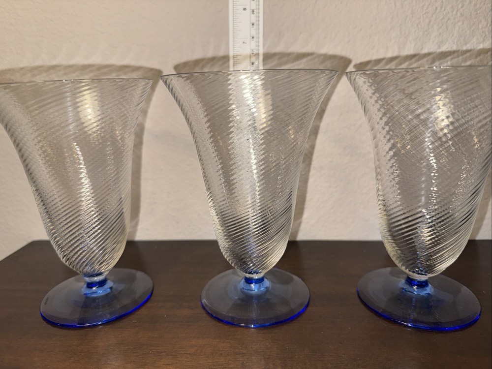 Vtg Swirled Optic 1930’s Blue Footed Wine/Cocktail Glasses Set of 3- By H R Fry