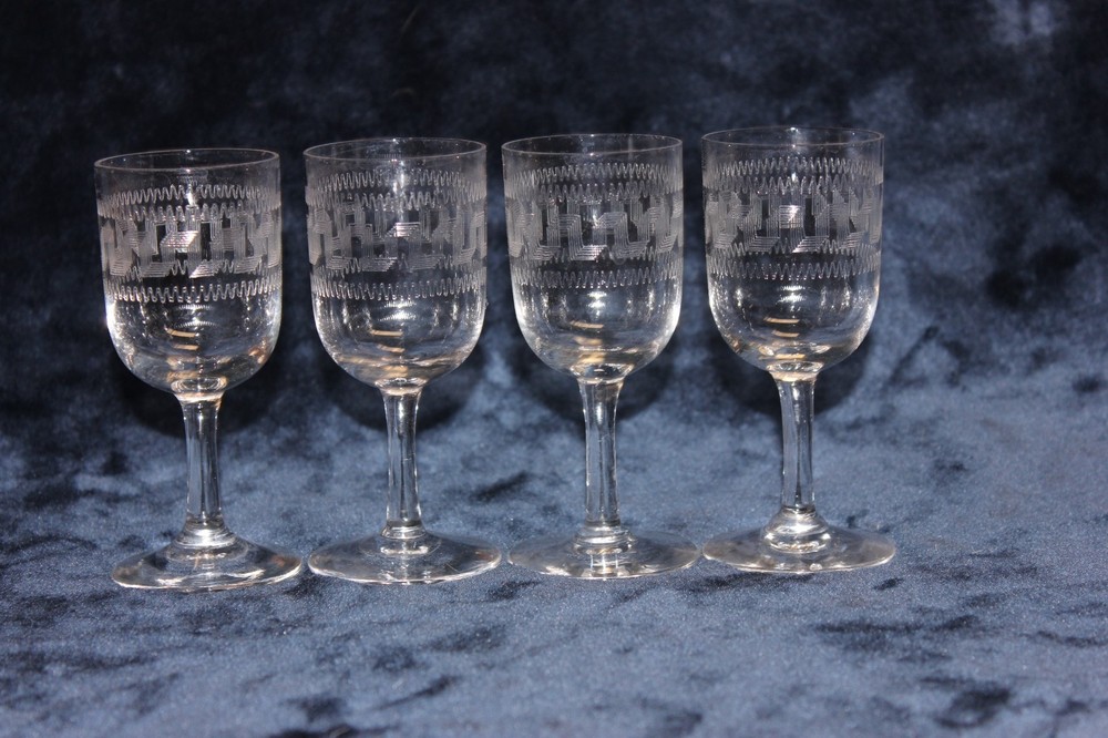 Antique Set of 4 Cordial-Sherry Glasses, Art Nouveau Etched Greek Key Pattern