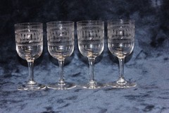 Antique Set of 4 Cordial-Sherry Glasses, Art Nouveau Etched Greek Key Pattern