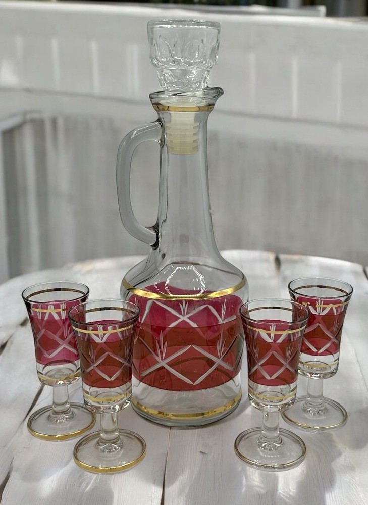 Vintage Cranberry Ruby Cut To Clear Decanter Set of 4 Cordial Liquor Glasses