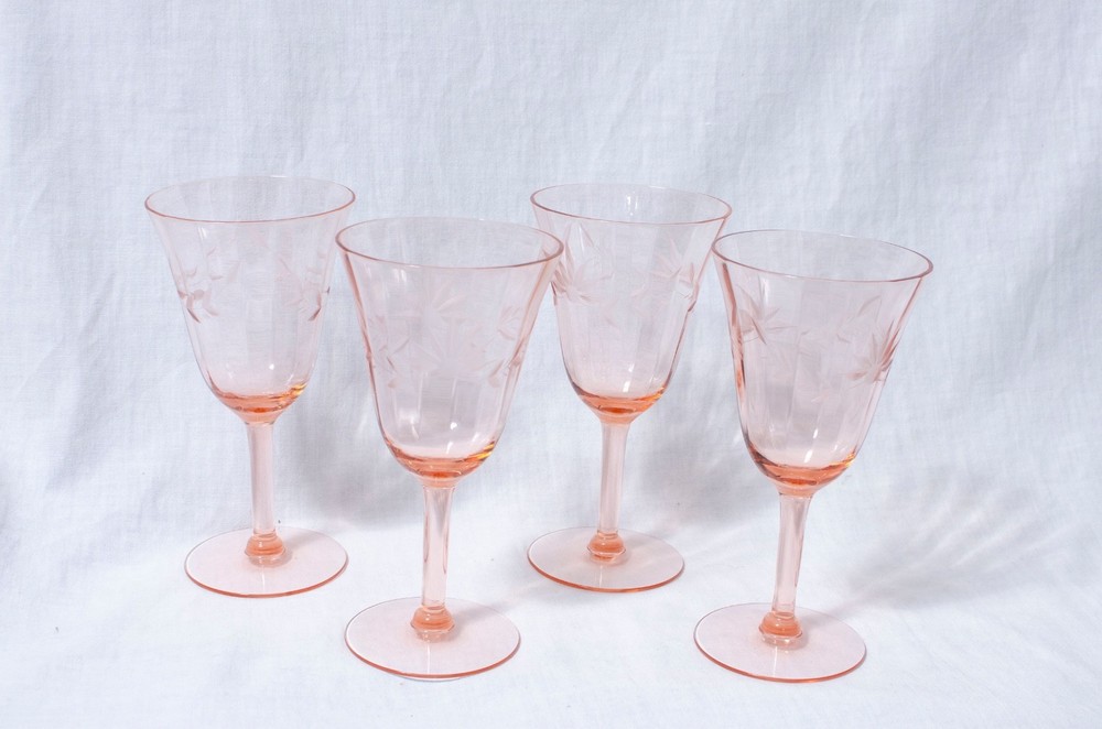 Tiffin Franciscan Pink Optic Panel Floral Set 4 Wine Glasses 14196-10