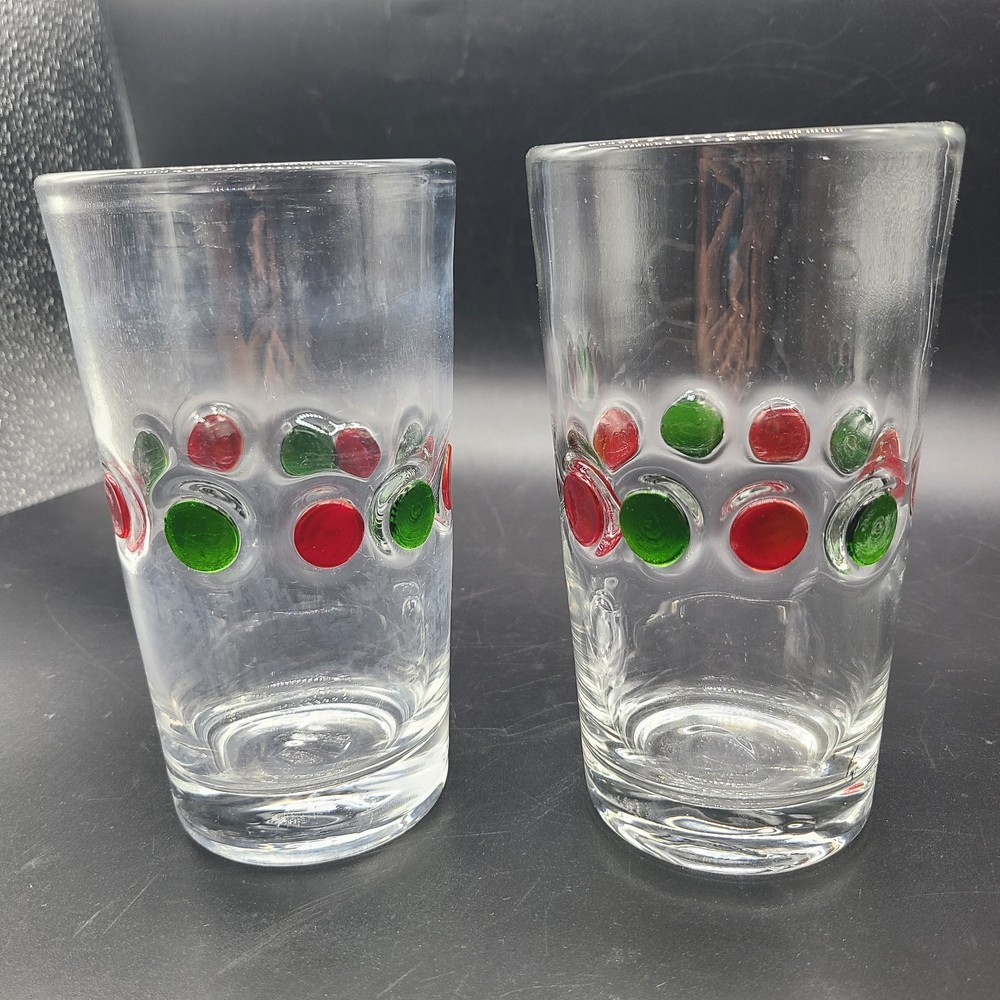 Vintage MCM Set(2) CARLO MORETTI tall Tumbler Glasses 16 oz Green Red Polka dots