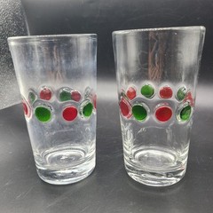 Vintage MCM Set(2) CARLO MORETTI tall Tumbler Glasses 16 oz Green Red Polka dots