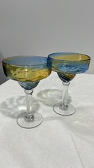 Pier 1 Margarita Glasses Amber Blue Swirl Set of 2 Mouth Blown 7.5″