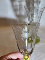 Vintage Vaseline Uranium Glass Stemmed Goblet 2 Etched GLOW UNDER BLACK LIGHT