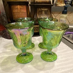 Vintage Set 4 Indiana Carnival Iridescent Lime Green Goblets~Harvest Grape~