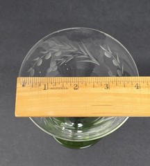 6 Rare Vintage Clear Etched Glass Champagne Glasses Green Stems Leaf Dot Design