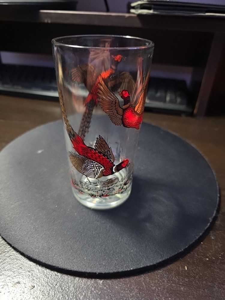 Vintage Ring Necked Pheasants Hazel Atlas Drinking Glass 5.5″ Red Gold