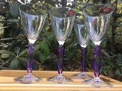 4 VINTAGE French Cristal d’arques wine glasses w/purple stem edges htf pattern~