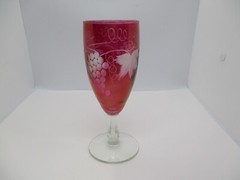 Vintage Cranberry Cut-to-Clear/Etched Footed Wine Glass in Grape/Leaf Pattern