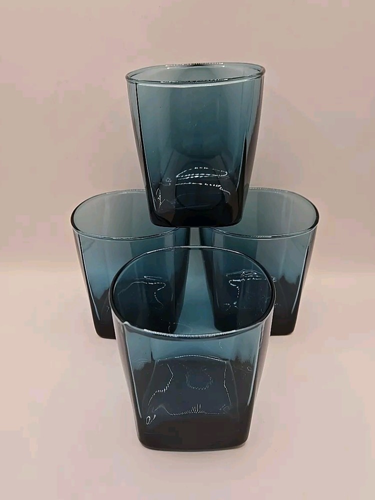 4 Vtg Anchor Hocking Lowball Whiskey 10oz Glasses RIO COASTAL BLUE Gorgeous!