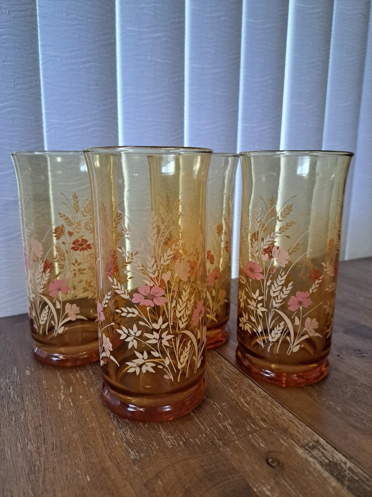 Set of 4 Vintage Libbey Amber Floral Tumblers EXCELLENT Condition.
