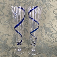Set Of 2 Pier 1 Imports Cobalt Blue Swirl Swirline Blown Pilsner Beer Glasses