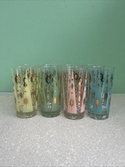 Vintage Fred Press Atomic Starburst 8 Glasses Pastel Mid Century Modern🤩 Signed