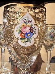 Enameled Floral Gold Gilt Crystal Wine Stems 6 Total Stemware RARE