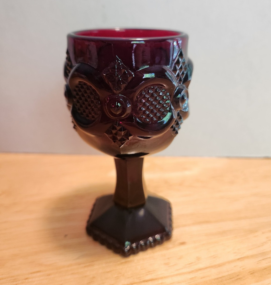 Avon Ruby Red Glass Goblet Hexagon Foot Pressed Pattern Impressed Backstamp