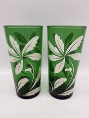 2 Vintage MCM Anchor Hocking Emerald Green Floral Highball Tumbler Glasses 21oz