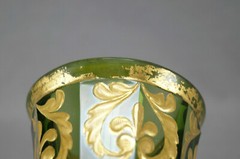 Bohemian Harrach Raised Gold Empire Scrolls Green Cut Spa Glass Tumbler 1830-60
