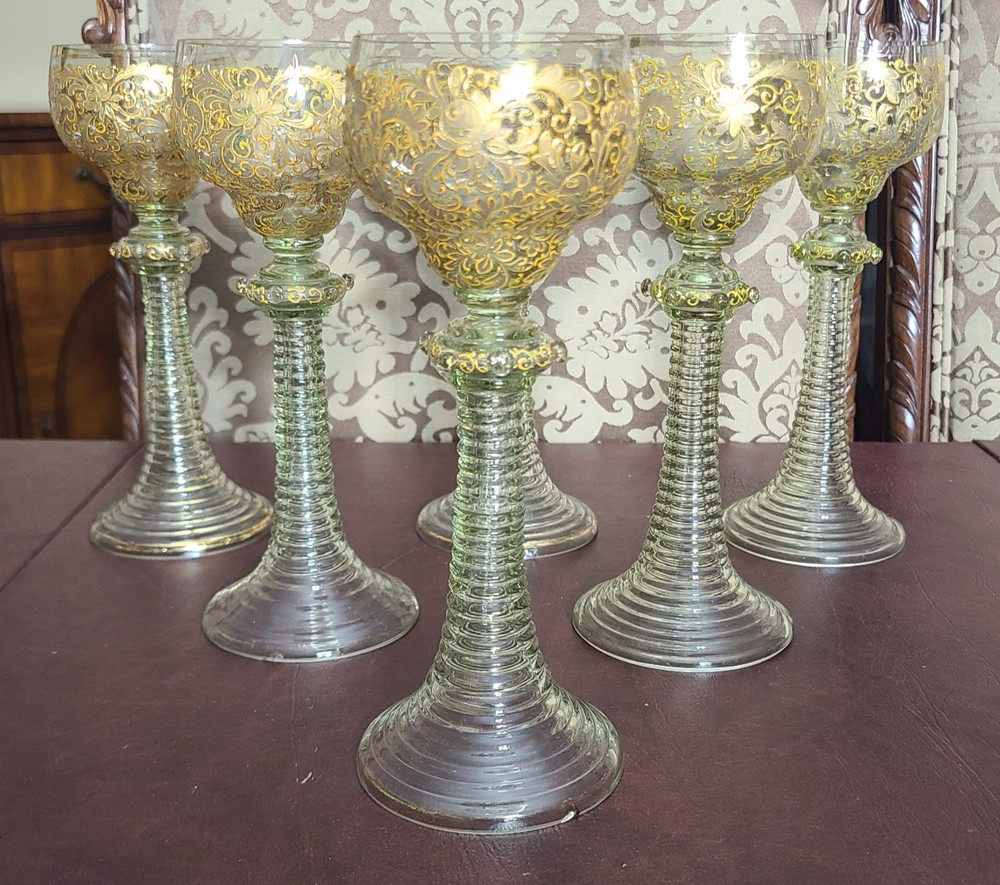 Antique Set of 6 Moser Bohemian Gold Gilt Wine Goblets Tiered Ribbed Stem 8.25″