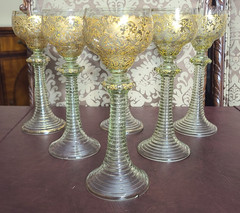Antique Set of 6 Moser Bohemian Gold Gilt Wine Goblets Tiered Ribbed Stem 8.25″