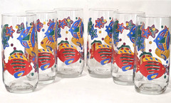 Set of 6 Vintage Libbey Tropical Fish Drinking Glass 16oz Starfish Ocean EUC