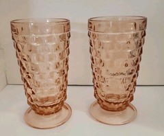 Pair of INDIANA GLASS Whitehall Colony CUBIST Pink Peach 14 oz Footed Tumblers