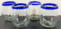 (4) Pier 1 Cobalt Rim Stemless Wine Glasses Set Clear Mexican Hand Blown Art Lot