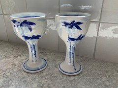 Cobalt Blue And White Porcelain Goblet/Wine/Saki Cups With Floral Design