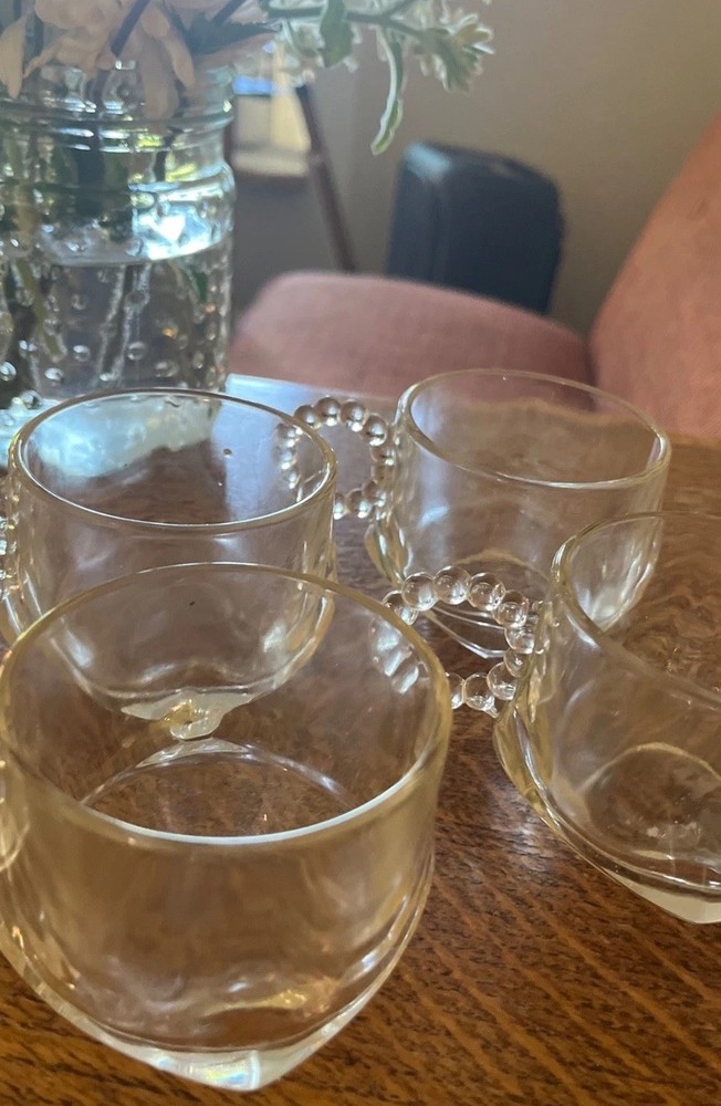 Hazel Atlas Orchard Crystal Vintage Glass Punch Cups Beaded Handle Set of 4