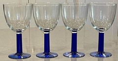 4 Vtg Cobalt Blue Thick Stem Clear Bowl Blown Glass Wine Glass 7″ Water Goblet