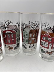 SET OF 4 LIBBEY WINTER VILLAGE SNOW SCENE GLASS TUMBLERS Gold Trim 6.25” EUC