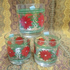 Vintage Hallmark Poinsettia Old Fashioned Glasses Christmas Holiday 3 pcs