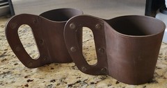 2 vintage hard plastic brown pint beer glass sleeve holders carriers w handles
