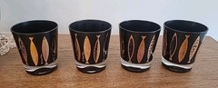 Vtg MCM Fred Press Black Gold Atomic Fish Rocks Whiskey Glasses Set 4 Signed