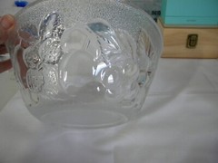 Glass Bowl w/fruit molded outside Stamped Italy 3 1/2″ height, 8 1/4″ diameter