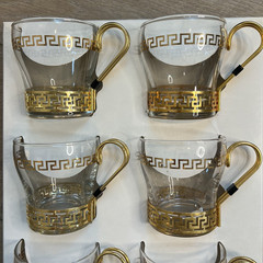 Greek Key Continental Coffee Cup/Mug by Libbey 60s Art Deco Gold Metal Set of 7