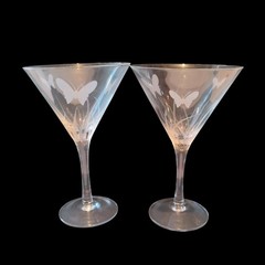 Etched Glass Butterfly Martini Cocktail Glasses Pair Set of 2