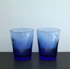 2 Unmarked (Libbey?) Cobalt Blue Flared Old-Fashioned Rocks Glasses 12oz. Heavy